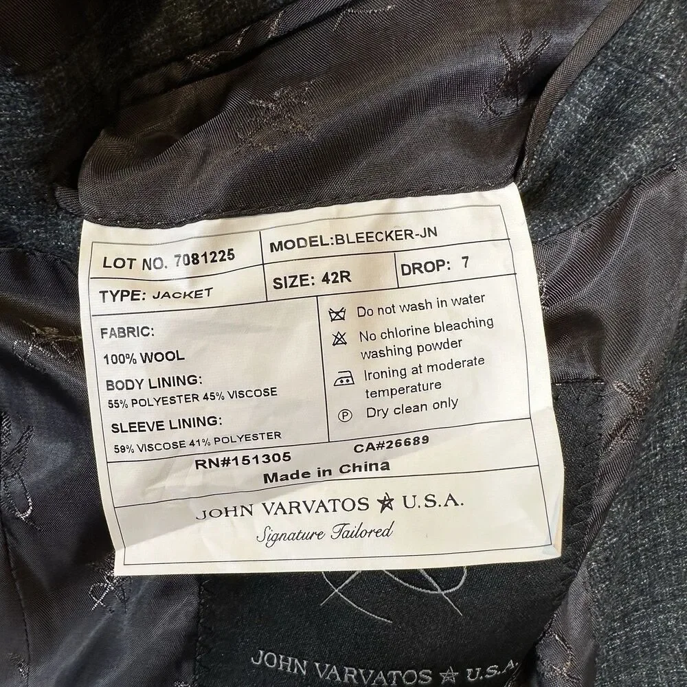 John Varvatos Bleecker Wool Slim Single-Breasted Blazer Dark Grey Men’s Size 42R